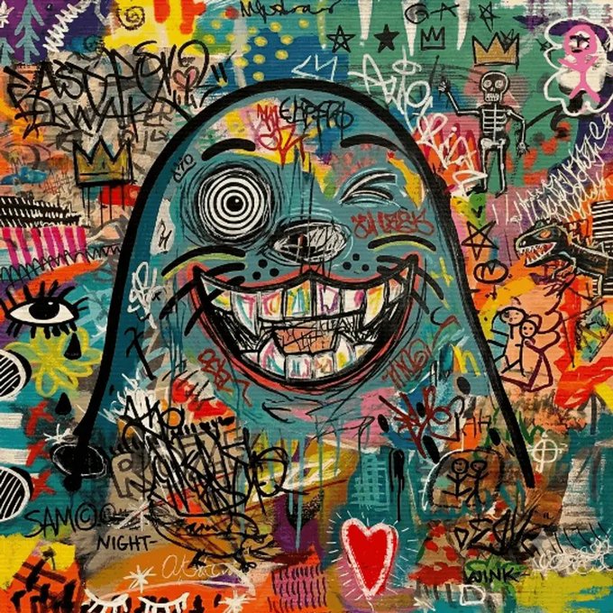 A vibrant street art-style painting features a grinning, wide-mouthed cartoon face with mismatched eyes, surrounded by chaotic graffiti including tags like "SAM©," "NIGHT," "QUACK," and "DAR." The piece, created by @katakuri_nft, is referenced in the post as an abstract $SEAL design showcased on xrp.cafe.