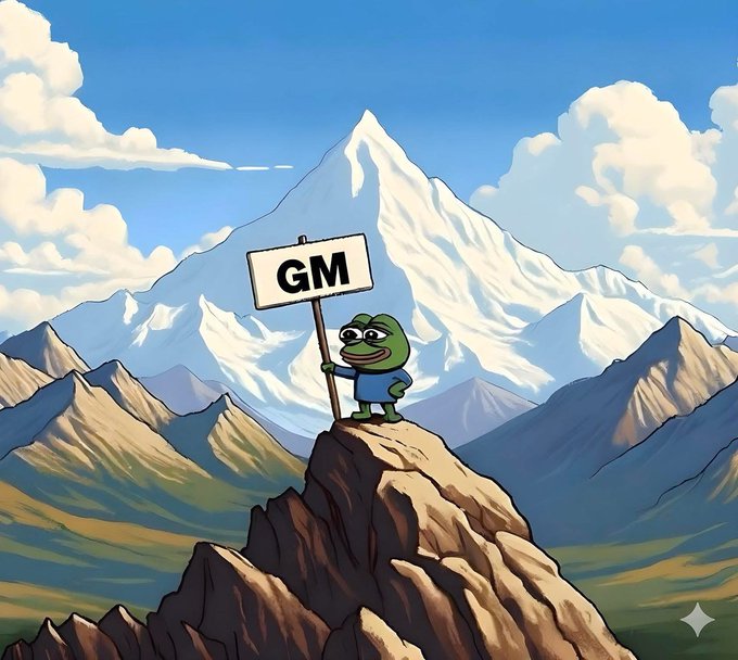 Cartoon illustration of a Pepe the Frog character in a blue shirt standing on a mountain peak holding a 'GM' (Good Morning) sign, with snow-capped mountain and cloudy blue sky background.