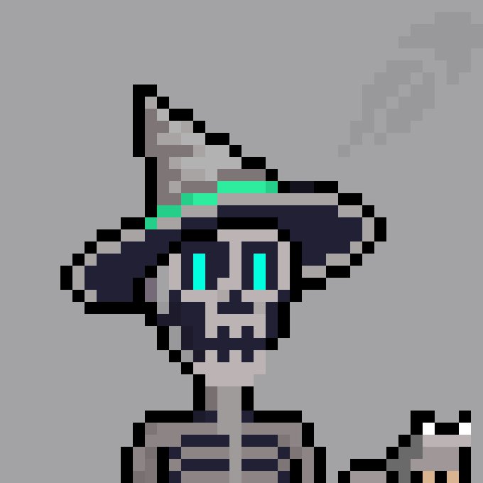 A pixel art illustration of a necromancer or witch character with a dark hat and glowing green eyes against a gray background.