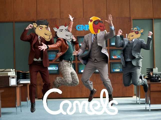 Four men in suits with cartoon animal heads (camel, goat, parrot, giraffe) jump in mid-air in an office setting, with the word 'Camels' written in white script below them and 'GN1' visible on the wall.