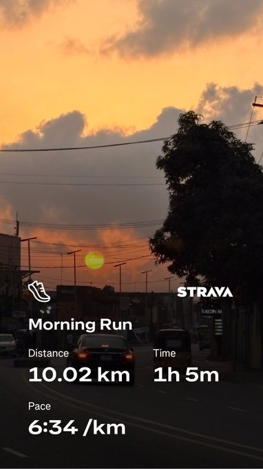 A Strava fitness summary over a sunset scene shows a 'Morning Run' covering 10.02 km in 1 hour 5 minutes at a pace of 6:34 /km.