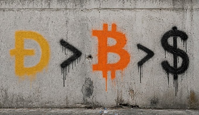 Graffiti on a concrete wall depicting yellow Dogecoin and orange Bitcoin symbols both greater than a black dollar sign, suggesting crypto outpacing traditional currency.