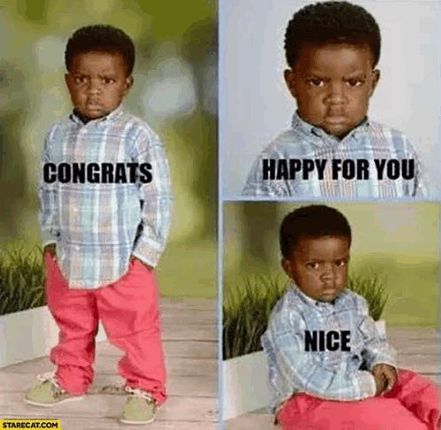 A meme featuring a young child with a serious expression in three poses with text overlay reading 'CONGRATS', 'HAPPY FOR YOU', and 'NICE' from star.ecat.com.