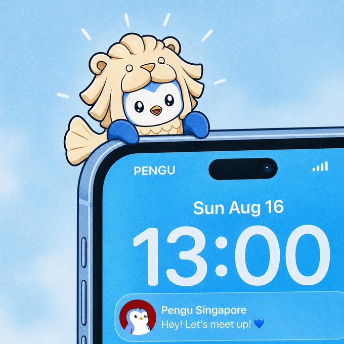 A cute penguin mascot wearing a lion mane costume peeks over a smartphone screen displaying the time "13:00" on "Sun Aug 16" with a notification from "Pengu Singapore" reading "Hey! Let's meet up!" The whimsical illustration promotes an upcoming Pudgy Penguins TCG-themed meetup at Kouriten SG, hosted by jyp_nft, featuring the playful Pengu character to draw in crypto community members in Singapore.