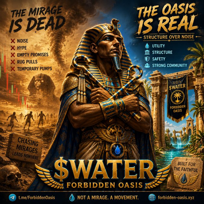 A promotional graphic for '$WATER Forbidden Oasis' cryptocurrency/movement, contrasting 'The Mirage Is Dead' (Noise, Hype, Empty Promises, Rug Pulls, Temporary Pumps) with 'The Oasis Is Real' (Utility, Structure, Safety, Strong Community), featuring an Egyptian pharaoh imagery and links to t.me/ForbiddenOasis and forbidden-oasis.xyz.