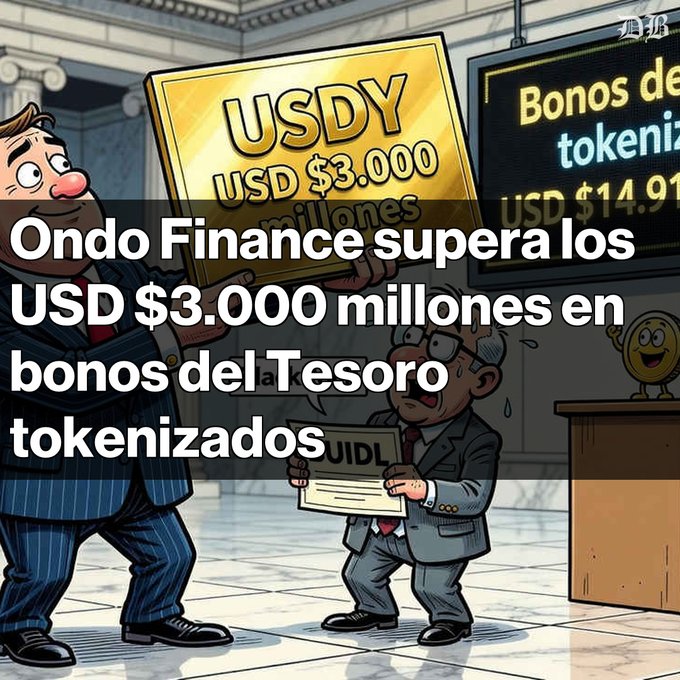 Cartoon-style illustration depicting businessmen handling oversized financial instruments labeled 'USDY USD $3.000' and 'UIDL', with overlay text reading 'Ondo Finance supera los USD $3.000 millones en bonos del Tesoro tokenizados'.