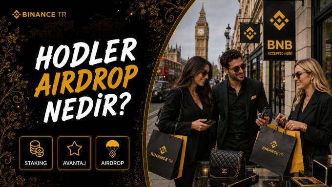 A Binance TR promotional graphic titled "HODLER AIRDROP NEDİR?" features three stylish people in London shopping with Binance TR-branded bags, alongside icons for "Staking," "Avantaj," and "Airdrop," illustrating the platform's earning opportunities through staking crypto assets for token rewards.