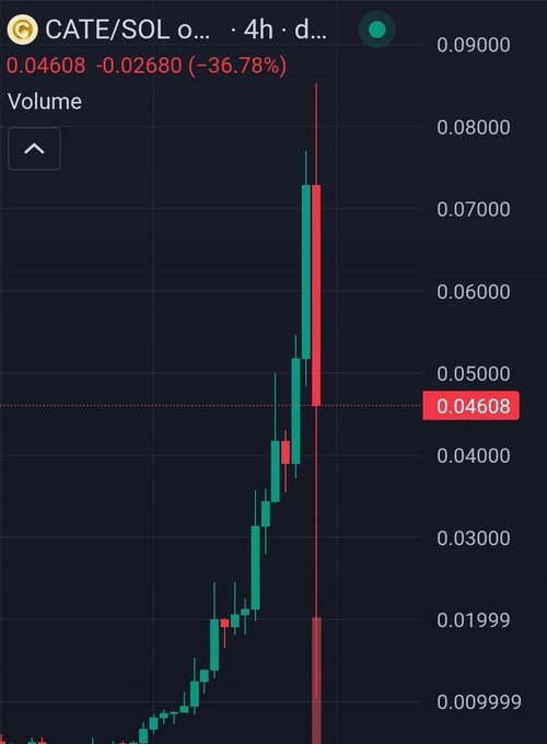 A 4-hour candlestick chart of the CATE/SOL trading pair shows a steep decline from a high near $0.09000 to $0.04608, a -36.78% drop, illustrating the volatile "pump and dump" the poster is reacting to.