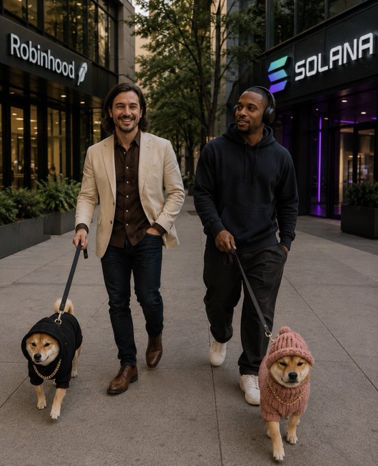 AI-generated image showing two men walking Shiba Inu dogs wearing hoodies on a city street, with 'Robinhood' and 'SOLANA' store signs visible in the background.