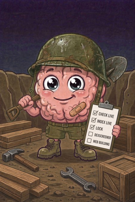 A cartoon illustration of a brain wearing a military helmet and holding a shovel, with a clipboard showing a checklist: 'CHECK LIVE' and 'INDEX LIVE' are checked, while 'DEXSCREENER' and 'WEB BUILDING' remain unchecked.