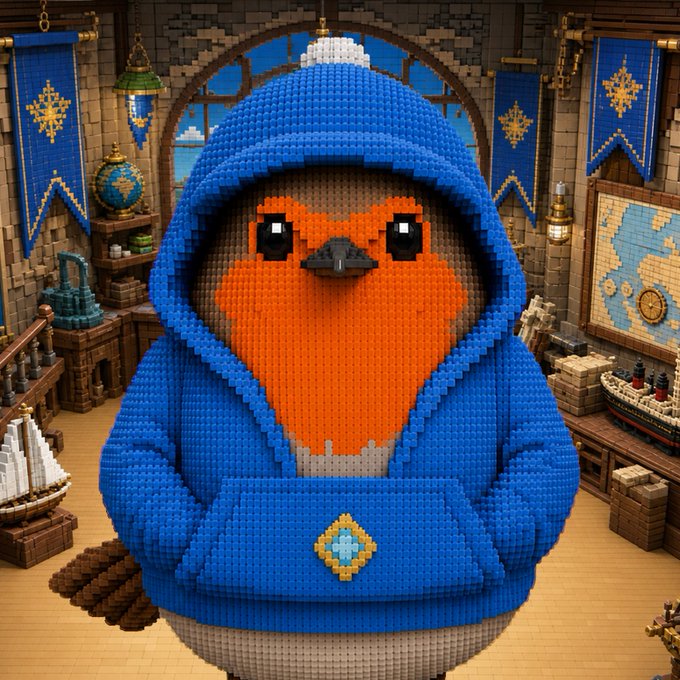 A LEGO-style brick-built illustration of a robin character wearing a blue hoodie with a diamond emblem, set in a detailed room featuring blue banners, a ship model, maps, and castle-themed decorations.