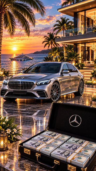 A digitally composed luxury image featuring a silver Mercedes-Maybach sedan parked at a beachfront villa at sunset, with an open briefcase full of $100 bills in the foreground.