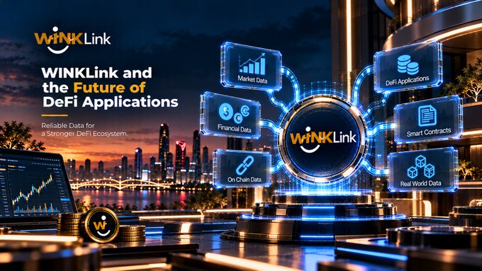 A promotional graphic for 'WINKLink and the Future of DeFi Applications' showing interconnected holographic icons representing Market Data, DeFi Applications, Financial Data, Smart Contracts, and more.