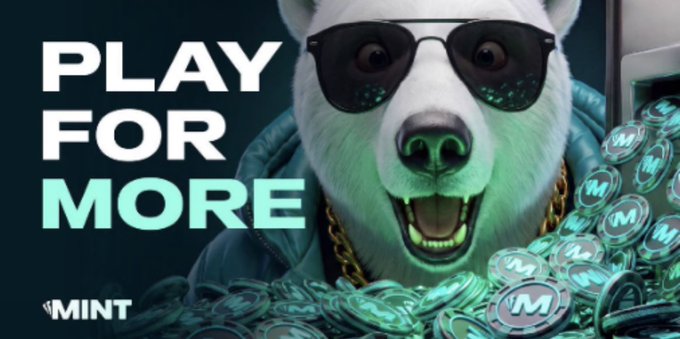A promotional graphic featuring a white dog wearing sunglasses surrounded by coins, with text 'PLAY FOR MORE' and the MINT logo.