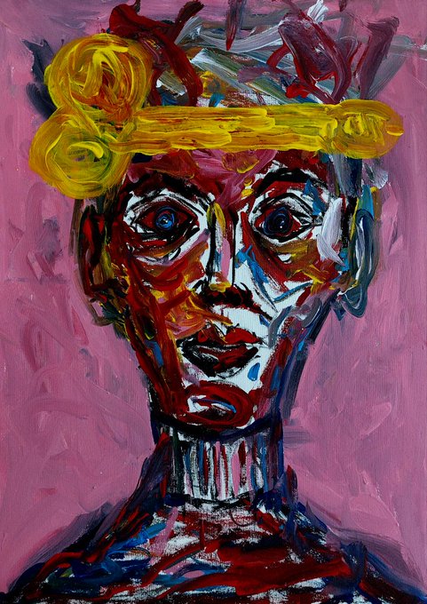 The artwork shows a stylized abstract painting of a person with an unusual headdress, set against a pink background, indicative of a contemporary pop art influence.  

Regarding the accompanying text posted about the artwork, the artwork appears to be linked to the text. That text mentions a sold edition of the work titled "Commanded from Below" sold to the collector @terrylknox for 6 $XTZ, which indicates a cryptocurrency transaction and a successful sale to a collector known for purchasing such art.