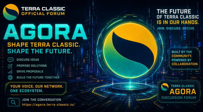 Promotional banner for the 'Terra Classic Official Forum AGORA,' encouraging users to discuss ideas and shape Terra Classic's future, with the URL 'https://agora.terra-classic.io/'.