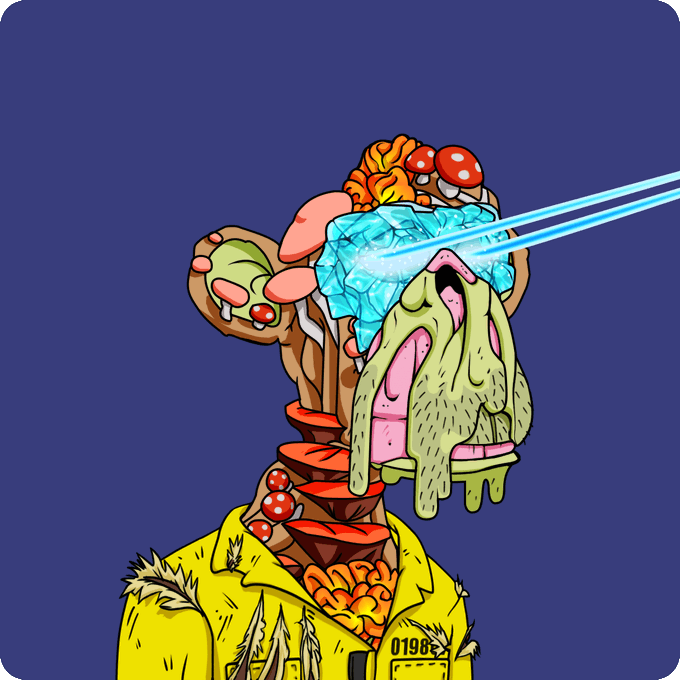 A surreal digital illustration of a figure in a yellow shirt with a head composed of food items like ice cream, mushrooms, and brains, shooting blue laser beams from its eyes against a dark blue background.
