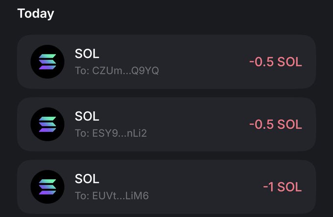 The image displays a transaction history showing three outgoing SOL transfers sent today: -0.5 SOL to CZUm...Q9YQ, -0.5 SOL to ESY9...nLi2, and -1 SOL to EUVt...LiM6. The transactions correspond to the giveaway winnings announced in the post, with the two 0.5 SOL transfers going to the second-place winners (@Dcalibless11X and @MISWAGGO) and the 1 SOL transfer going to the grand prize winner (@Stickmanishim).