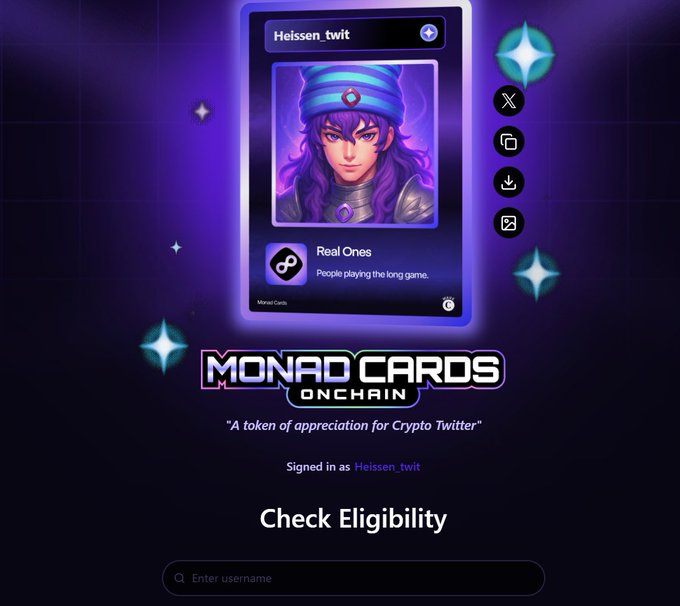 A 'MONAD CARDS ONCHAIN' NFT profile card interface displaying a purple-haired anime character avatar for user 'Heissen_twit' with the title 'Real Ones' and tagline 'People playing the long game', featuring options to check eligibility by entering a username.