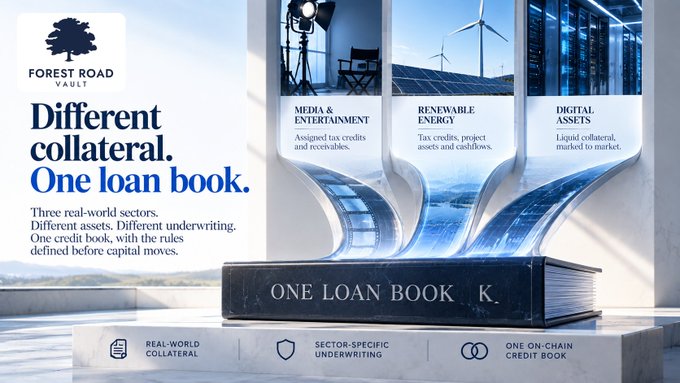 Forest Road Vault's marketing image showcases three industry sectors—Media & Entertainment, Renewable Energy, and Digital Assets—flowing into a unified "ONE LOAN BOOK," emphasizing the platform's sector-specific underwriting approach for diverse collateral types like assigned tax credits, project assets, and liquid digital assets.