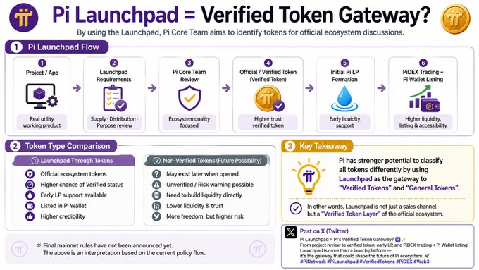 An infographic titled 'Pi Launchpad = Verified Token Gateway?' explaining the token verification process through flowcharts comparing Launchpad and Non-Verified tokens.