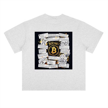 A gray t-shirt featuring a black graphic design with a central Bitcoin logo surrounded by text and the words 'BITCOIN' and 'HODL'.