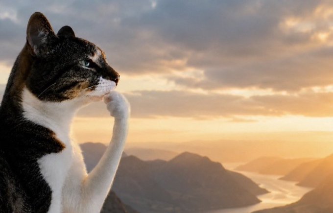 A close-up profile of a tabby and white cat gazing thoughtfully at a stunning sunset over a mountainous landscape with a winding river below.