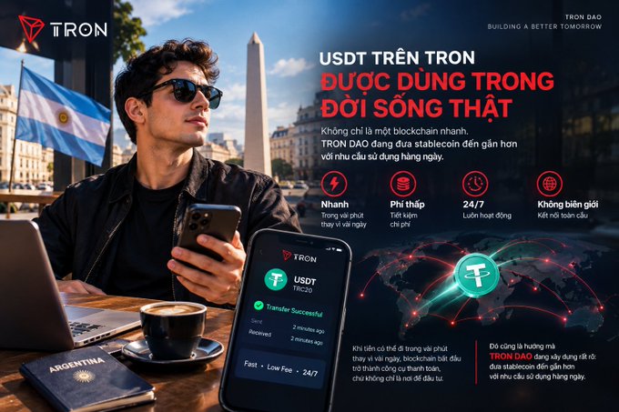 A young man in sunglasses sits at an outdoor café in Argentina (Obelisk and flag visible), holding a smartphone displaying the TRON DAO app with a successful USDT transfer receipt, alongside Vietnamese promotional text for "USDT TRÊN TRON ĐƯỢC DÙNG TRONG ĐỜI S�NG THẬT" (USDT on TRON Used in Real Life) emphasizing fast, low-fee, 24/7 borderless stablecoin payments—illustrating the post's theme of real-world TRON DAO adoption in Argentina.