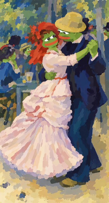 A parody painting in the style of Renoir's 'Dance at Le Moulin de la Galette' features Kermit and Miss Piggy from The Muppets dancing together, with Piggy in a white dress and Kermit wearing a yellow hat.