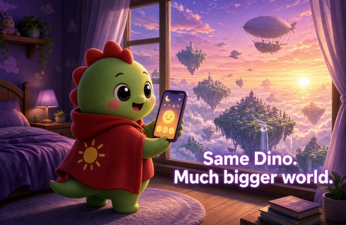 A 3D-animated illustration of a cute green dinosaur character in a red hoodie holding a smartphone, looking out a window at floating islands and an airship, with text reading 'Same Dino. Much bigger world.'
