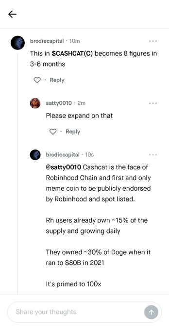 A screenshot of an Instagram comment thread where user "brodieecapital" predicts that $CASHCAT (Cashcat) will reach 8 figures in 3-6 months, citing it as the first meme coin publicly endorsed and spot-listed by Robinhood, with Robinhood users already owning ~15% of the supply and having owned ~30% of Doge during its $80B 2021 run, projecting 100x potential—supporting the post's claim of onboarding Robinhood retail to $CASHCAT.