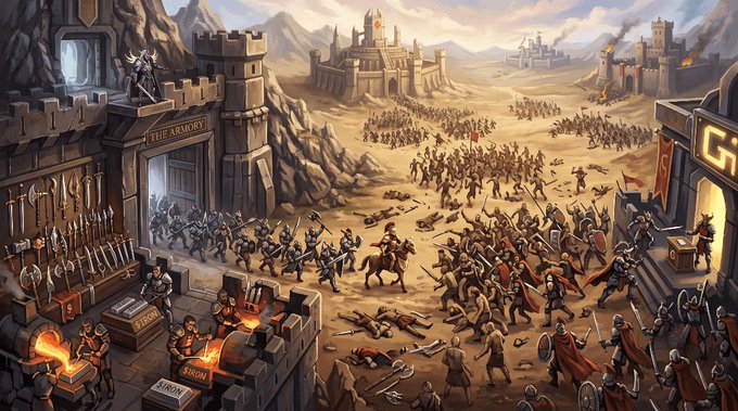 A fantasy battle scene depicting armored soldiers and knights clashing before a castle, with a blacksmith and armory on the left and burning fortresses in the background.