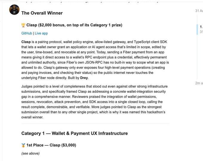 The image shows an announcement declaring "Clasp" as "The Overall Winner" of a hackathon, earning a $2,000 bonus on top of its Category 1 prize ($3,000), which aligns with the post celebrating Clasp's victory as both first place in the payment and infrastructure track and the overall best product at the Nervos Network hackathon.