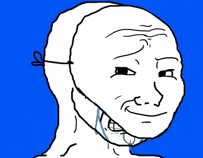 A simple black-and-white line drawing of a Wojak-style character with a smug expression and a small ponytail is set against a solid blue background, with faint blue scribbles near the neck.