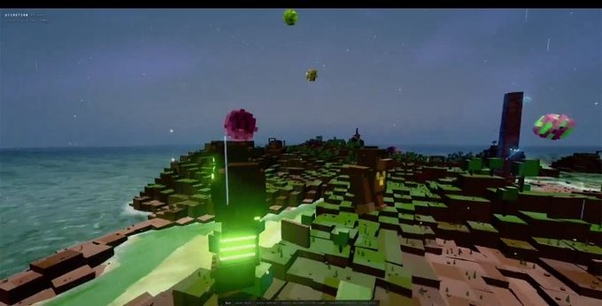 A voxel/block-based video game screenshot showing a colorful island landscape with green glowing elements, floating objects, and an ocean under a starry sky.