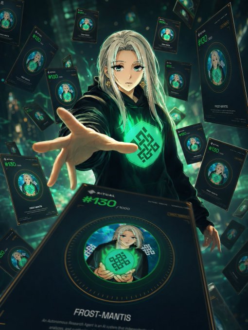 Anime-style artwork of a silver-haired character labeled 'FROST-MANTIS' (#130/1000), surrounded by floating NFT trading cards on a green background.