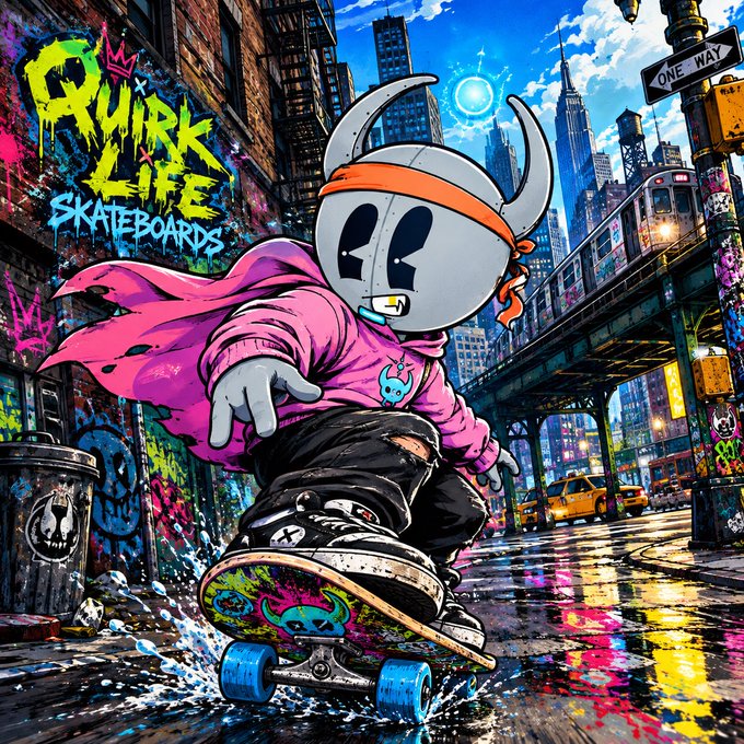 Vibrant anime-style artwork showing a horned character in a pink hoodie skateboarding through a graffiti-covered urban cityscape with 'QUIRK LIFE SKATEBOARDS' text in the upper left.