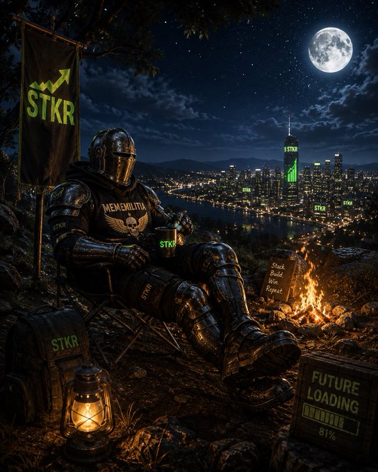 An armored knight with 'STKR' and 'MEMEMILITIA' branding sits by a campfire overlooking a city skyline at night, holding a mug with 'FUTURE LOADING 81%' on a crate.