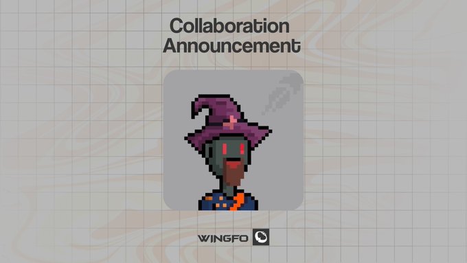 The image features a pixel art character—a figure with glowing red eyes wearing a purple witch's hat and blue robe—beneath the heading "Collaboration Announcement" with the Wingfo logo displayed at the bottom. It serves as a visual teaser for the We_Zards NFT collection, showcasing the project's distinctive 40×40 pixel art aesthetic and witch-inspired character design that will be featured in the upcoming mint on Robinhood Chain.