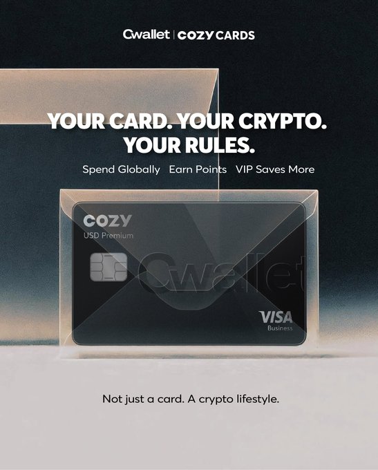 An advertisement for 'Cwallet COZY CARDS' featuring a black Visa Business card with the text 'YOUR CARD. YOUR CRYPTO. YOUR RULES.'