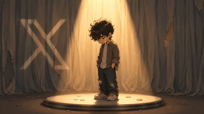 An illustration of a young boy with curly hair and glasses standing on a lit circular stage, looking down dejectedly with his hands in his pockets, with an X-shaped light projection on the curtains behind him.