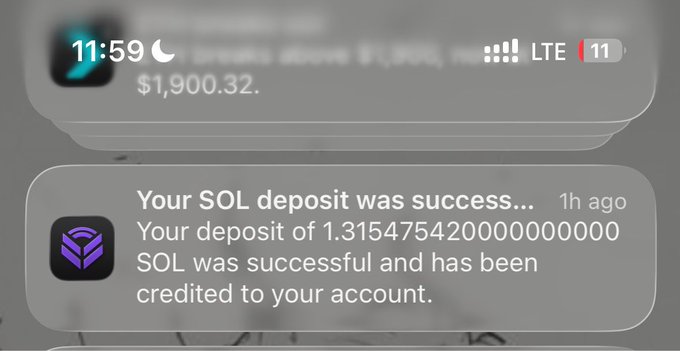 A phone notification showing a successful SOL deposit of 1.315475420000000000 SOL, with the time displayed as 11:59.