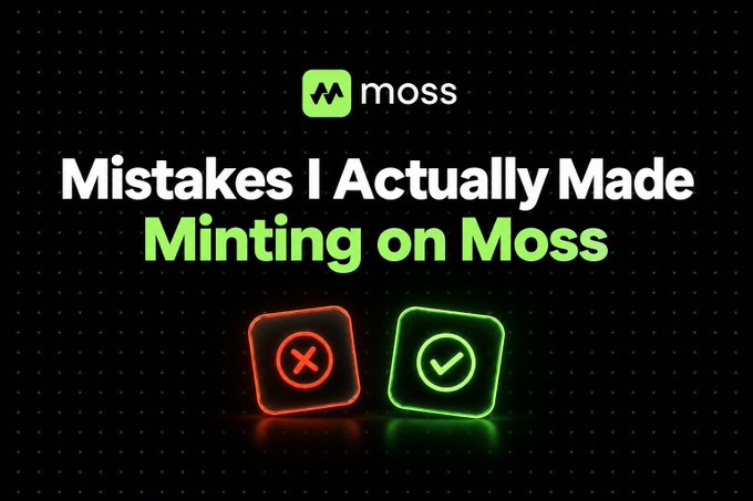 A graphic for the Moss platform titled 'Mistakes I Actually Made Minting on Moss', featuring red X and green checkmark neon-style icons.