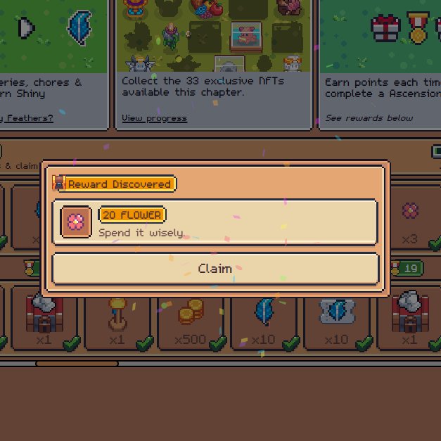 A pixel art game interface displays a 'Reward Discovered' notification popup offering '20 FLOWER' with a 'Claim' button, set against a background of game elements including feathers, chests, and gold coins with confetti effects.