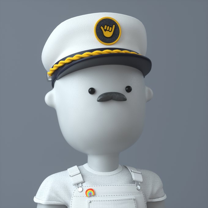 A 3D-rendered stylized character figure wearing a white sailor cap with a yellow hand emblem, a black mustache, and white overalls with a small rainbow badge on the strap.