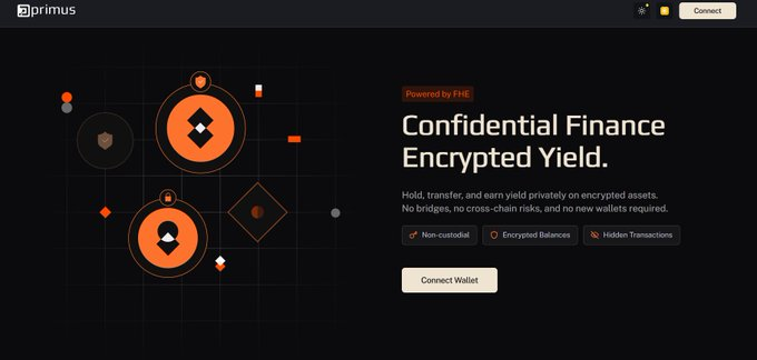 A screenshot of the 'primus' website advertising a 'Confidential Finance Encrypted Yield' service powered by FHE, featuring a 'Connect Wallet' button and claims of non-custodial encrypted balances with no bridges or new wallets required.
