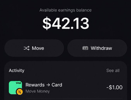 Mobile app screen showing an 'Available earnings balance' of $42.13, with 'Move' and 'Withdraw' buttons and an activity log entry for 'Rewards → Card' showing -$1.00.