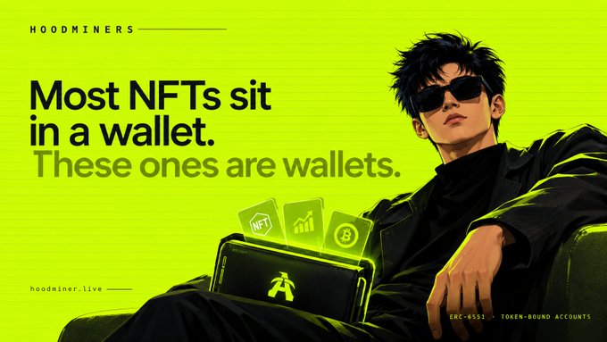 An advertisement for 'HOOMINERS' featuring a stylized figure in black with sunglasses and the tagline 'Most NFTs sit in a wallet. These ones are wallets,' along with 'ERC-6551' and 'TOKEN-BOUND ACCOUNTS' text.