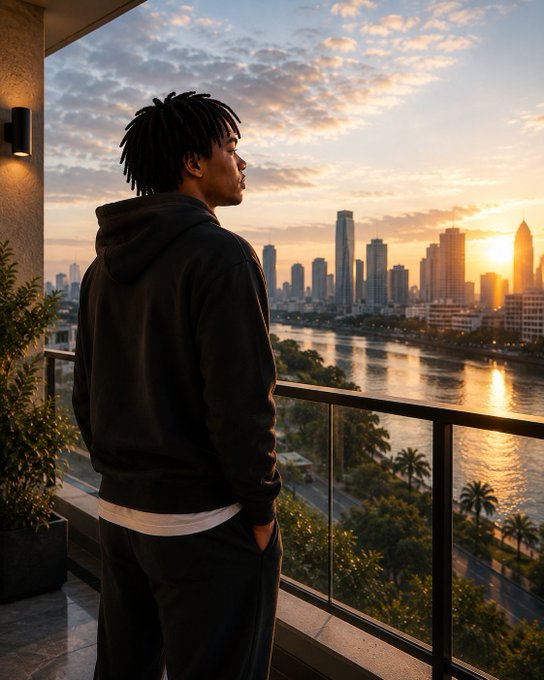 A young man in a black hoodie stands on a balcony at sunset, gazing out at a city skyline and waterway with palm trees below.