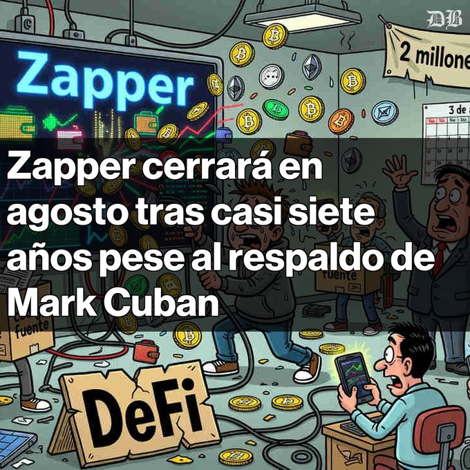 A Spanish-language news graphic announces 'Zapper cerrará en agosto tras casi siete años pese al respaldo de Mark Cuban' (Zapper will close in August after nearly seven years despite Mark Cuban's support), illustrated with a cartoon depicting cryptocurrency chaos.